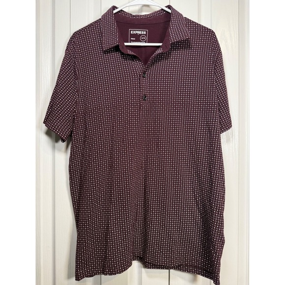Express Men's Polo Shirt XL Maroon Burgundy Geometric Print Stretch Short Sleeve - Picture 1 of 6